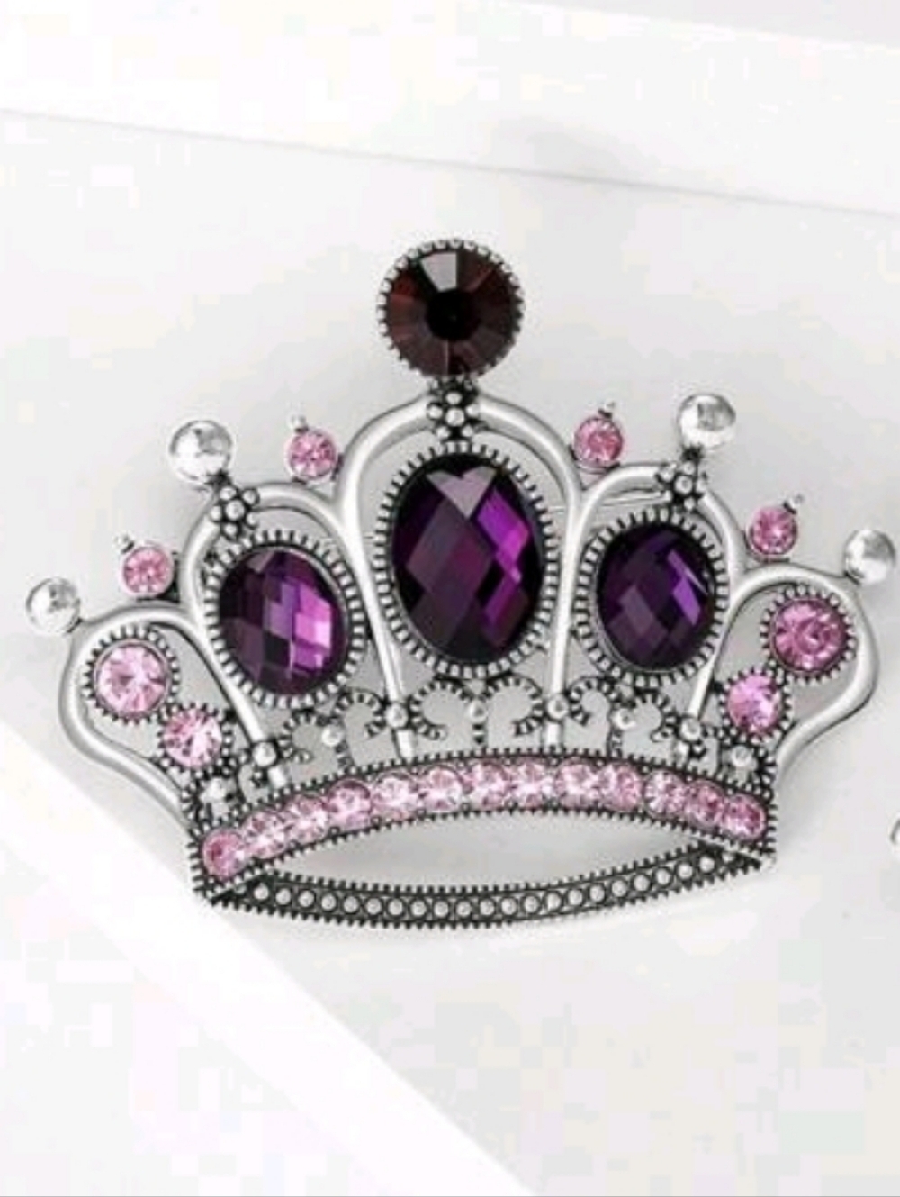 Silver-Tone Crown Brooch with Purple and Pink Rhinestone Gems